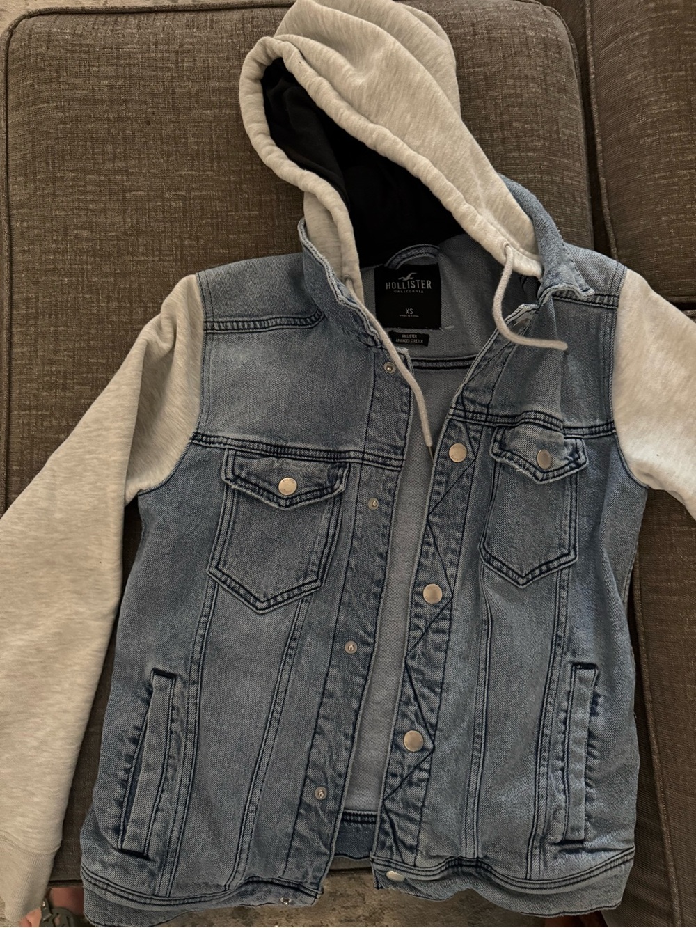 Hollister Mens Blue Denim Hooded Jacket with Gray Sleeves